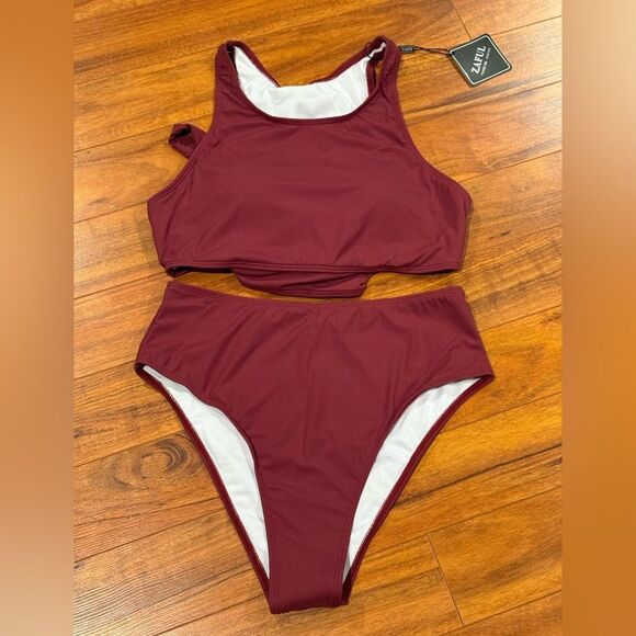 ZAFUL Bikini Scoop Neck Tank Side Cutout Midkini Stitching Wine Red NWT - Picture 1 of 6